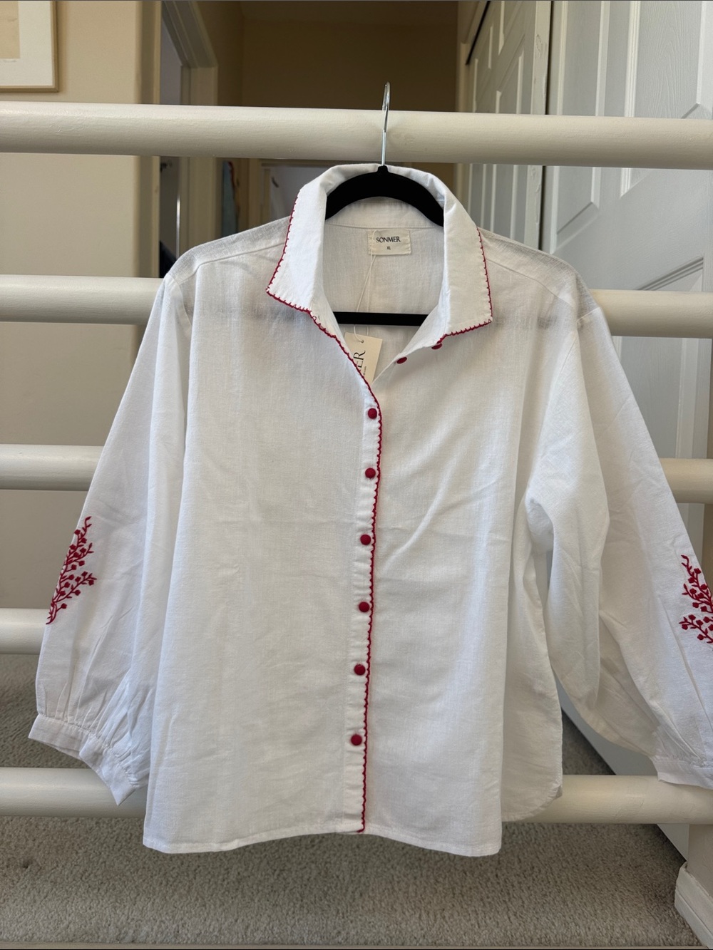 Sonmer White Blouse with Red Trim and Sleeve Embroidery